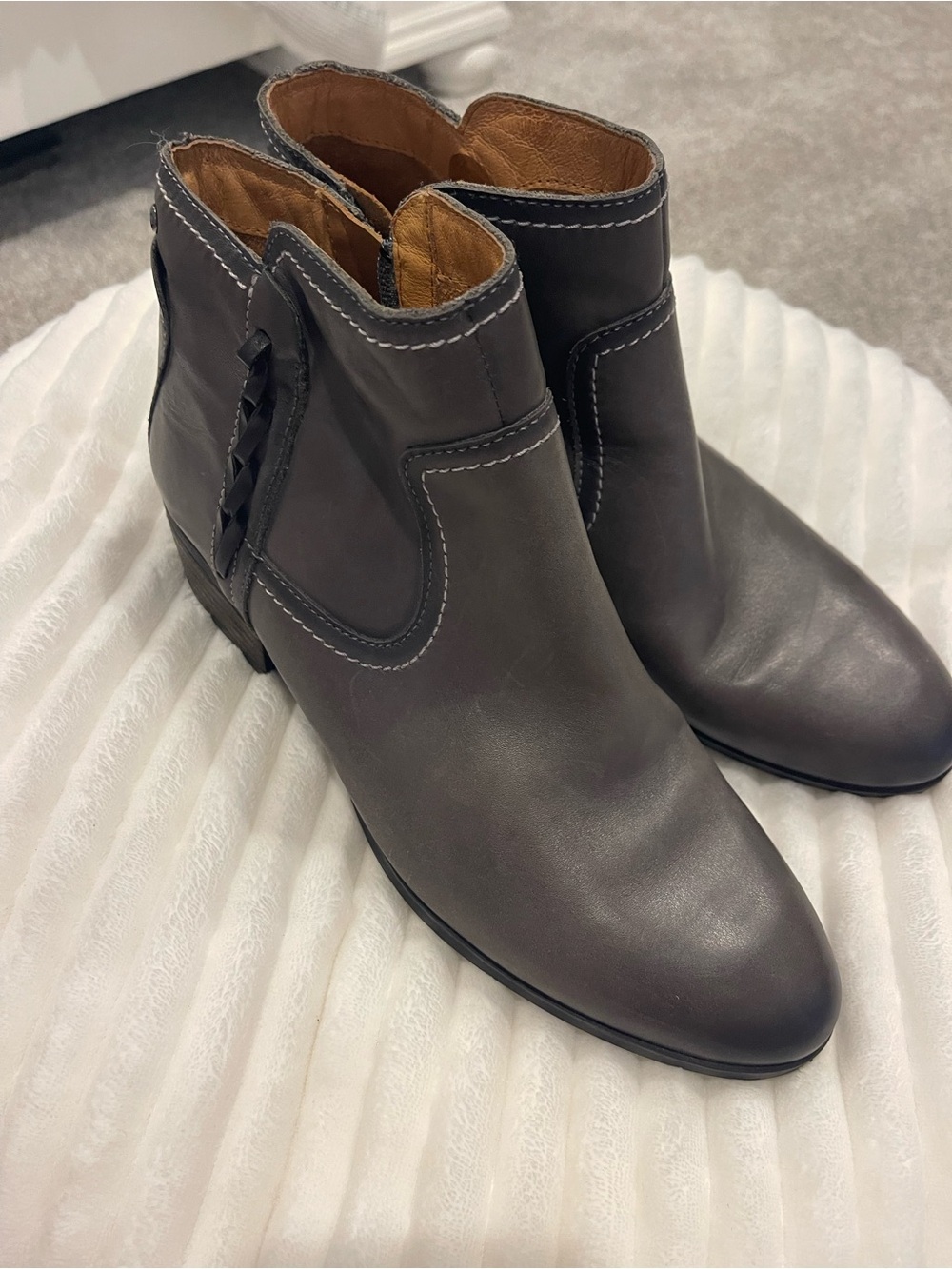 PIKOLINOS Charcoal Leather Ankle Booties with Braided Side Detail